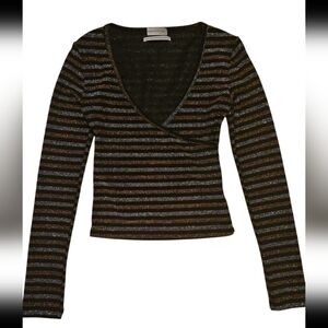 Urban Outfitters Black Metallic Glittery Striped Faux Wrap Long Sleeve Top Sz S